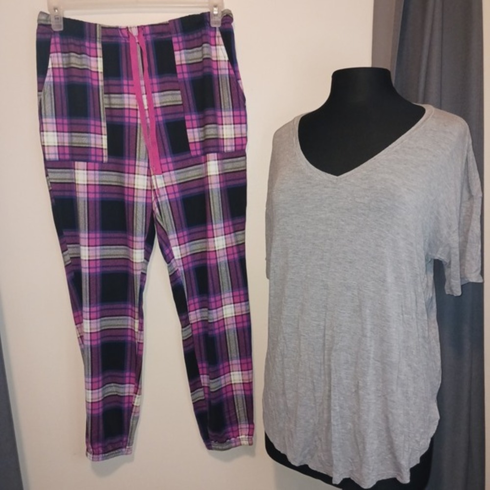 Time and Tru Pajama Pjs Top Grey V Neck Purple Super Soft Plaid lounge pants Med